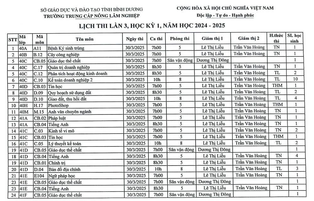 Lịch thi HK1, năm học 2024-2025, lần 3